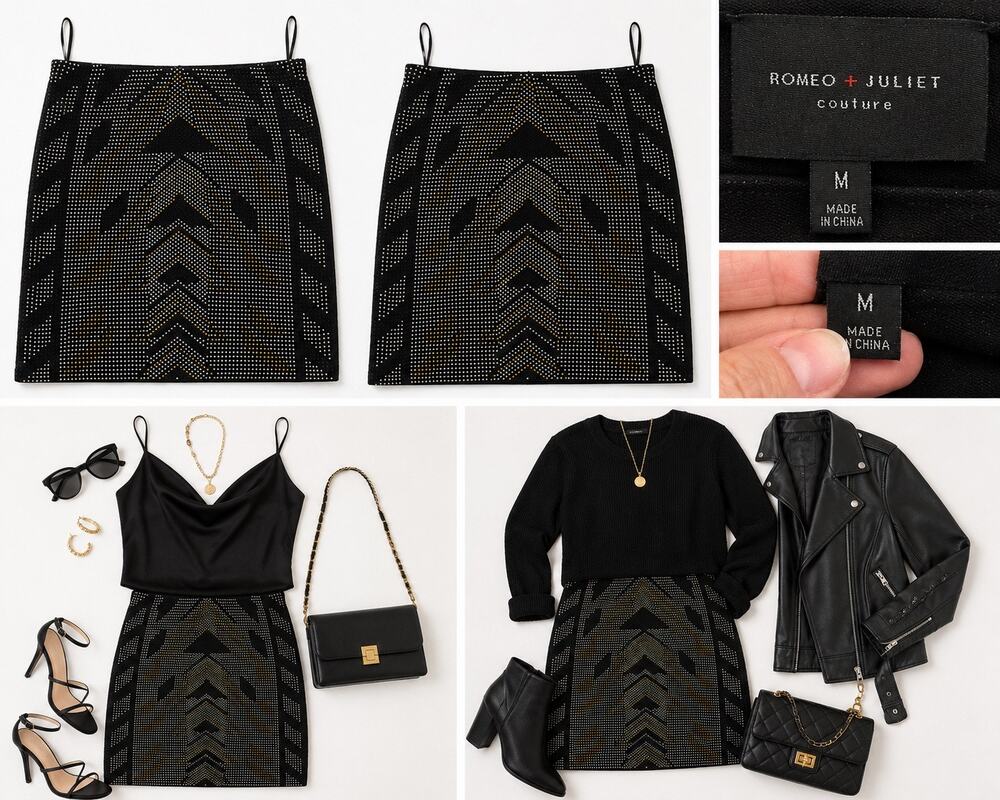 Romeo + Juliet Couture Rhinestone Mini Skirt Black Gold Chevron Medium